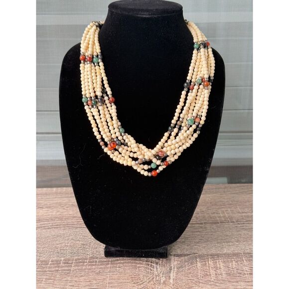 Vintage Torsade Style Bone Beads With Jade Quartz Carnelian Stone Necklace 22" - Picture 1 of 2